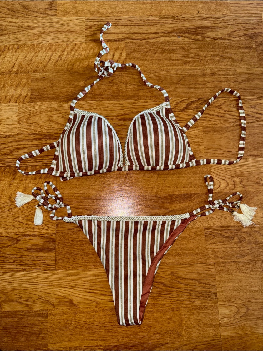 Calzedonia Striped Brown & Cream Tie-Side Bikini Set